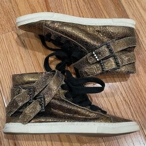 Schutz Aila Gold Bronze Crackle Leather Double Buckle Lace Up High Top Sneaker 5